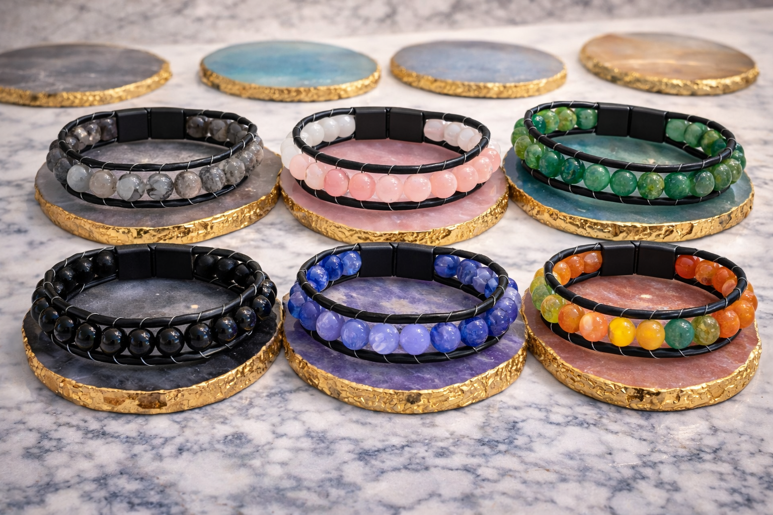 Genuine Leather Magnetic Bracelet - With Natural Stone