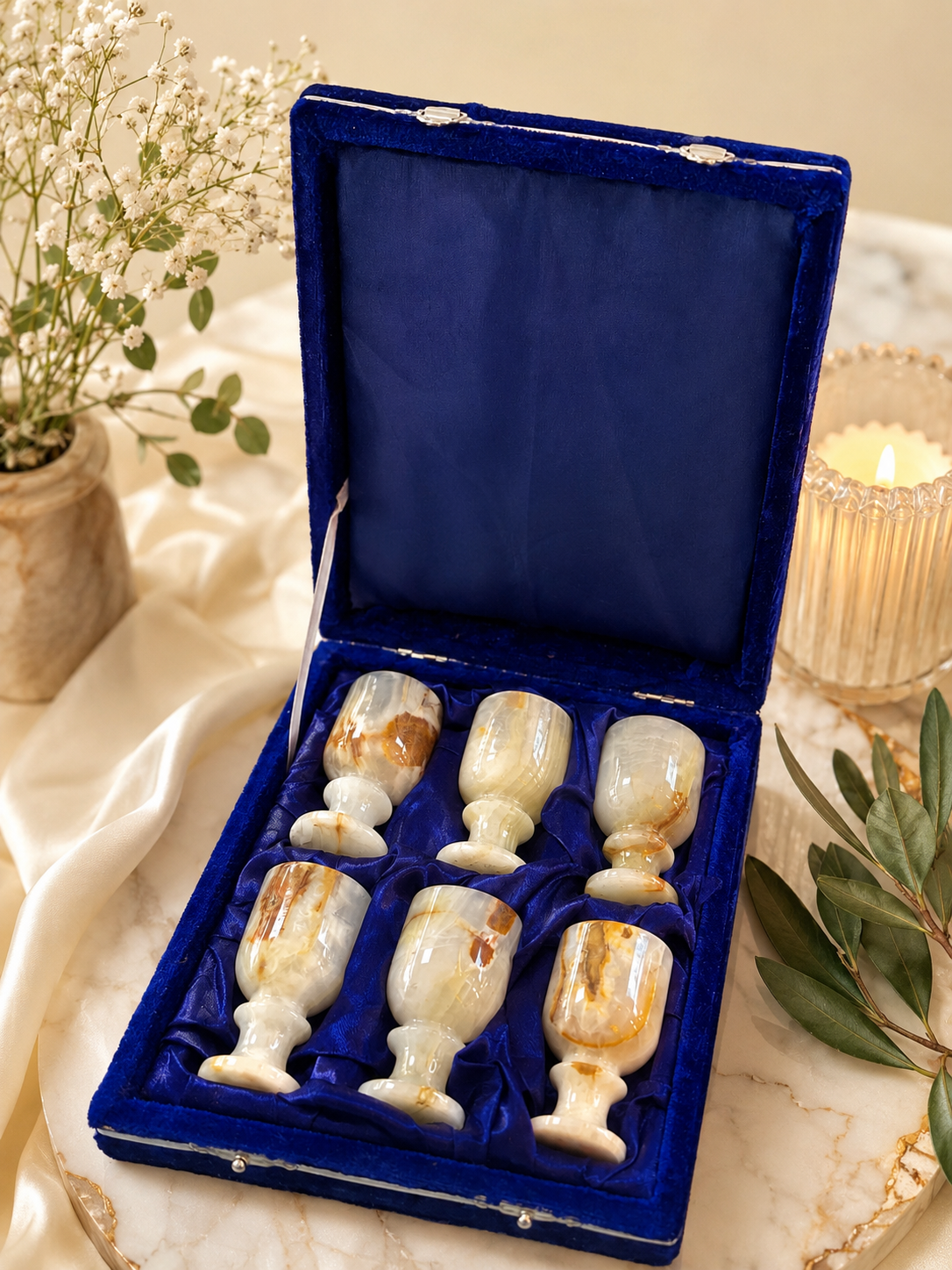 White Marble Goblet Set – 6-Piece Marble Cups with Luxury Velvet Gift Box