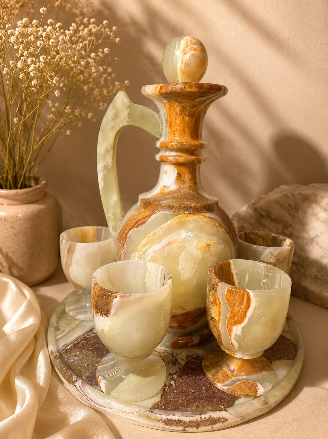 Marble Decanter & 6 Cup Set – Natural Stone Serving Set with Matching Tray