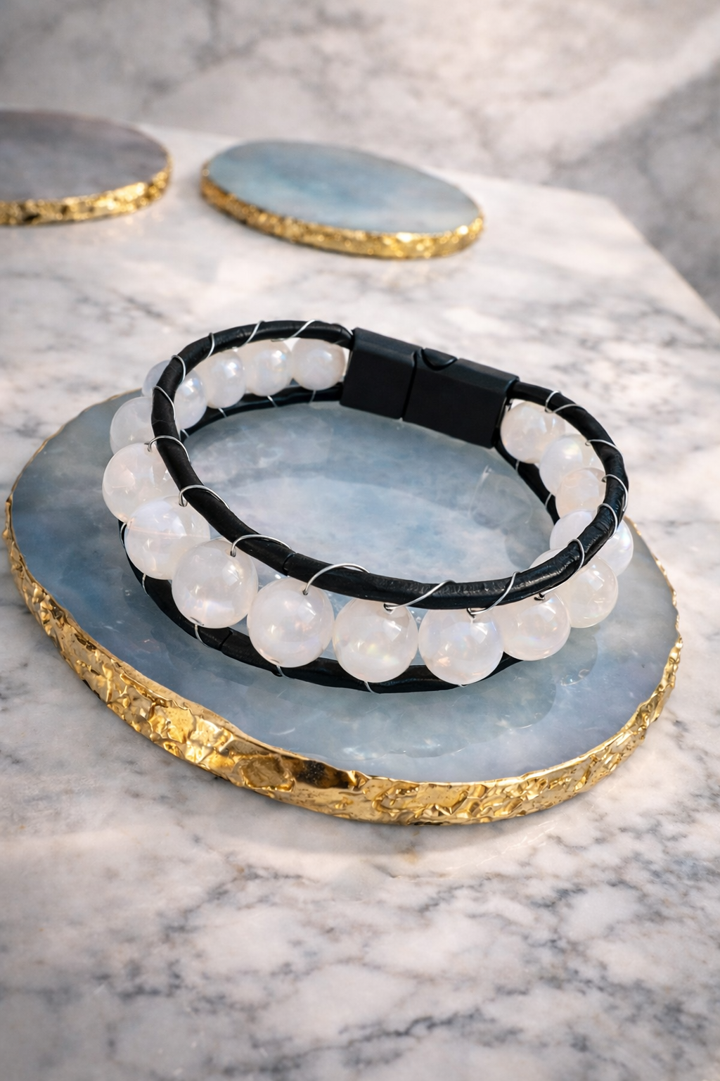 Genuine Leather Magnetic Bracelet - With Natural Stone
