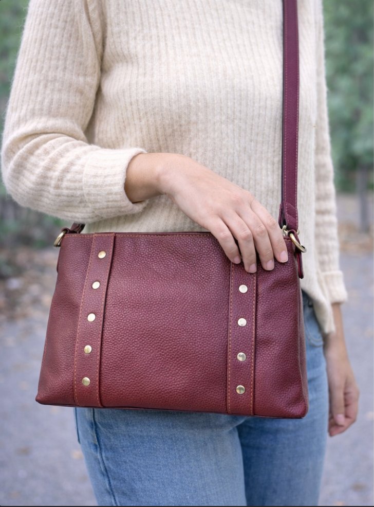 Genuine Leather Stud Detail Crossbody Bag