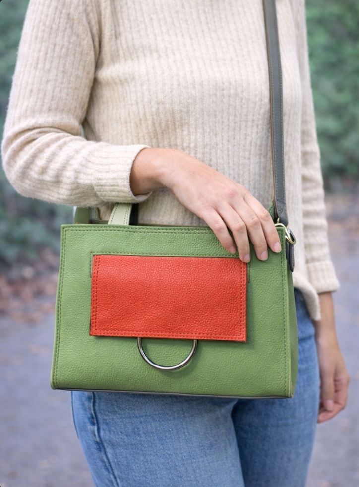 Genuine Leather Contrast Flap Small Tote Bag