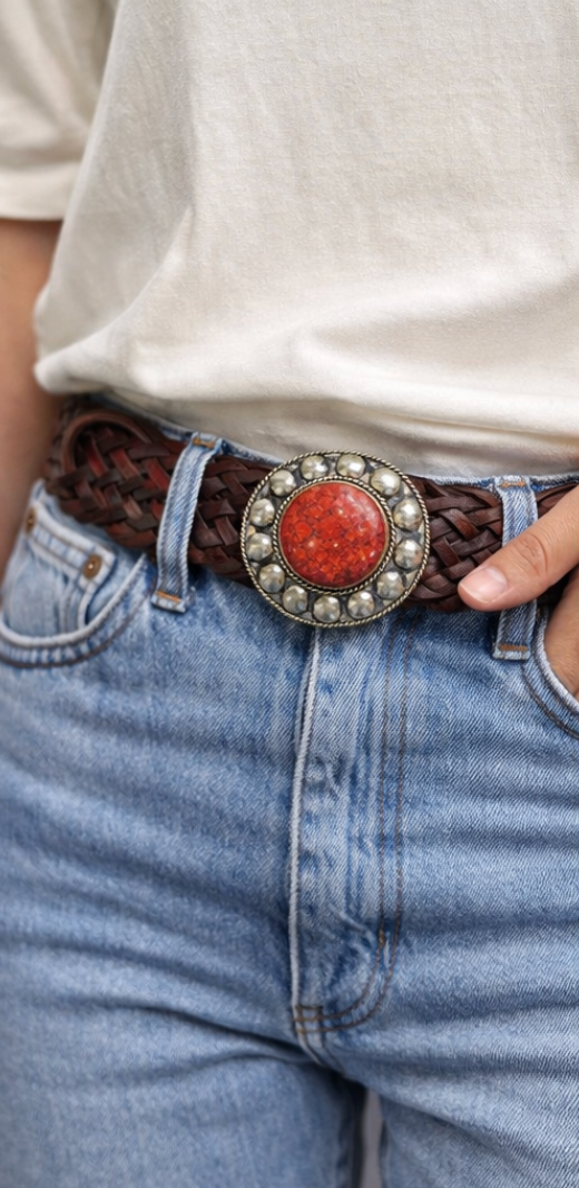 Genuine Leather Braided Belt with Natural Stone Statement Buckle