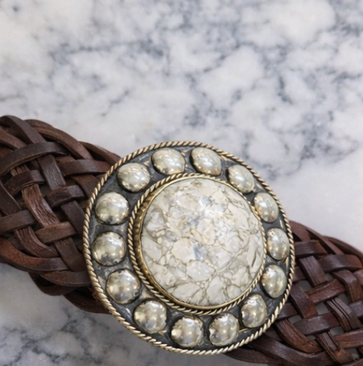 Genuine Leather Braided Belt with Natural Stone Statement Buckle
