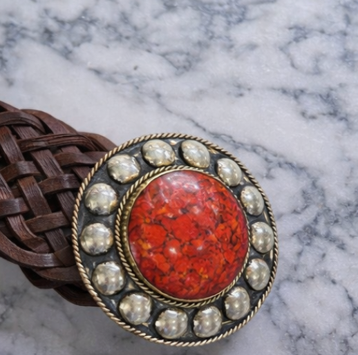 Genuine Leather Braided Belt with Natural Stone Statement Buckle