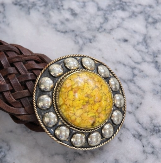 Genuine Leather Braided Belt with Natural Stone Statement Buckle