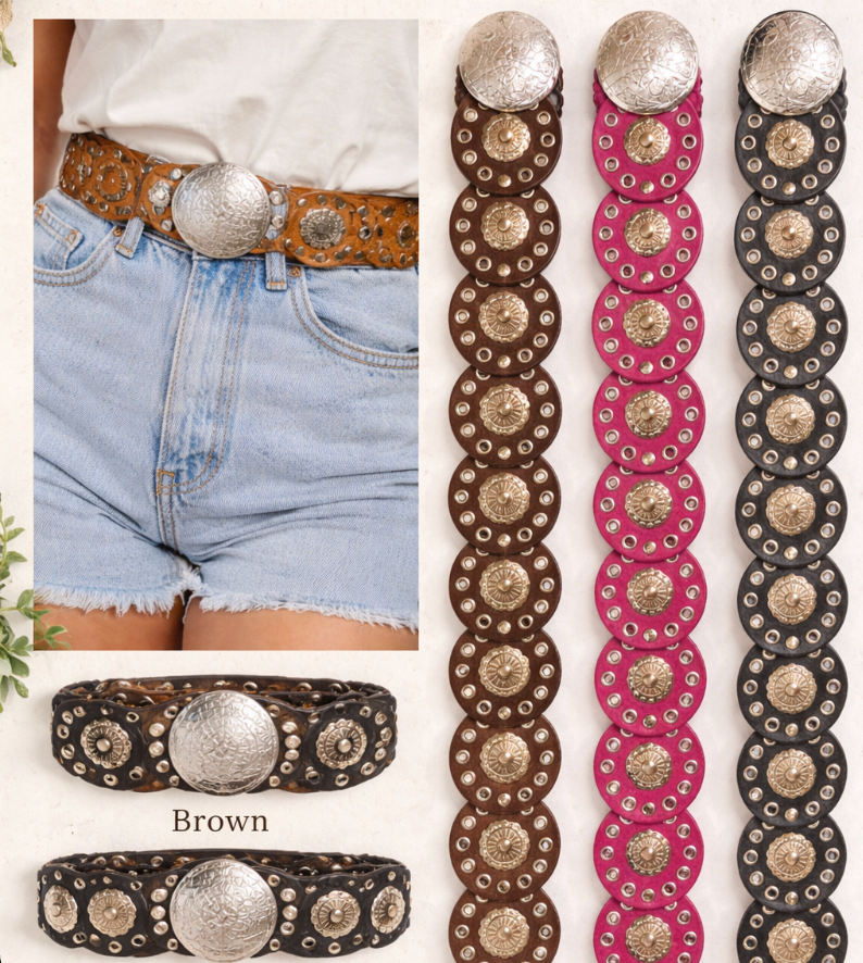 Genuine Leather Concho Link Belt with Round Statement Buckle