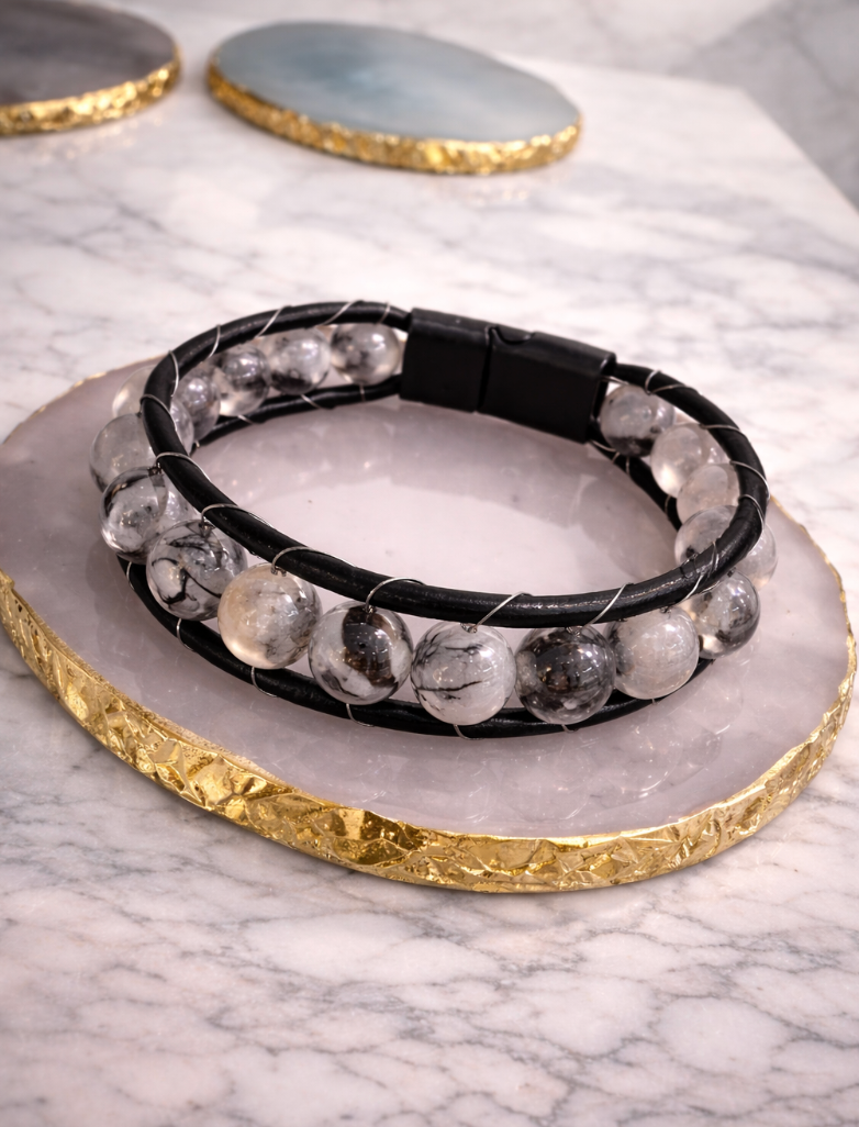 Genuine Leather Magnetic Bracelet - With Natural Stone