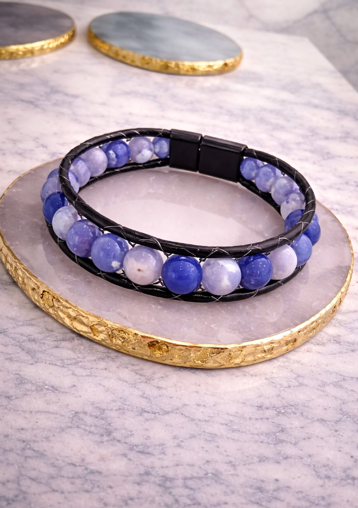Genuine Leather Magnetic Bracelet - With Natural Stone