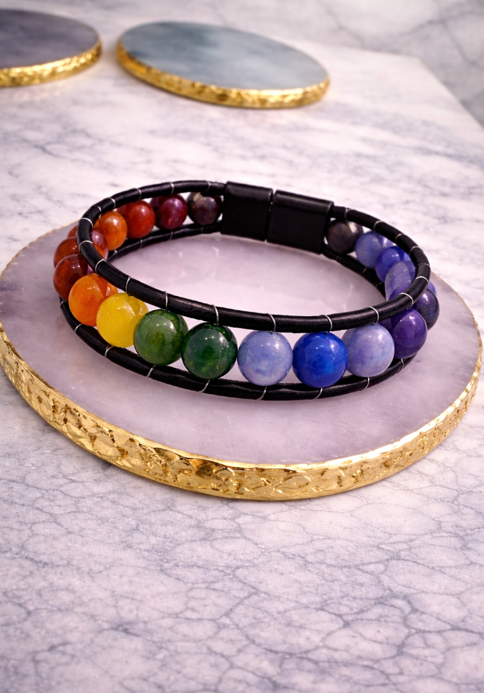 Genuine Leather Magnetic Bracelet - With Natural Stone