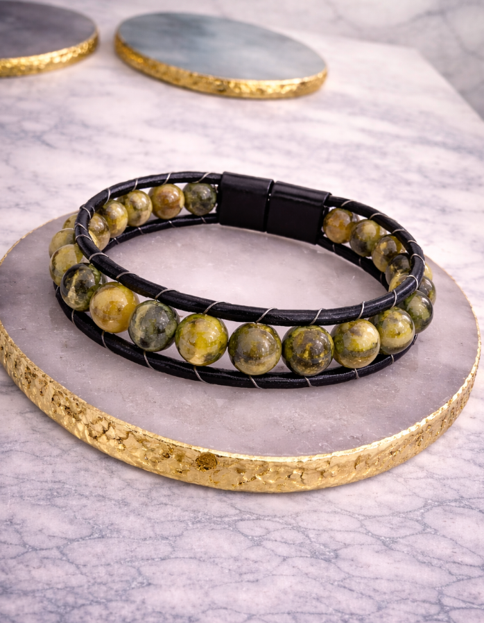 Genuine Leather Magnetic Bracelet - With Natural Stone