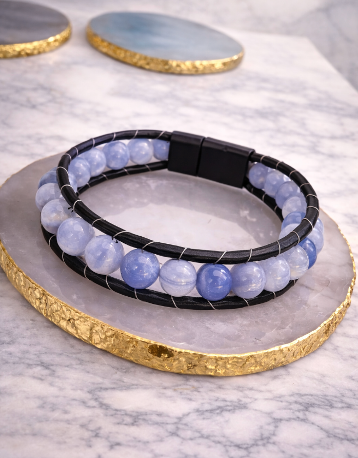 Genuine Leather Magnetic Bracelet - With Natural Stone