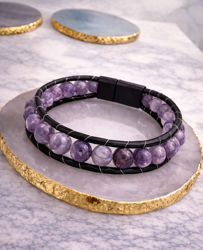 Genuine Leather Magnetic Bracelet - With Natural Stone