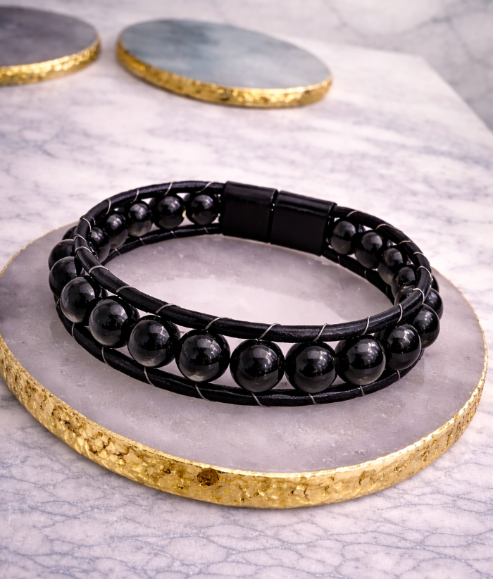 Genuine Leather Magnetic Bracelet - With Natural Stone