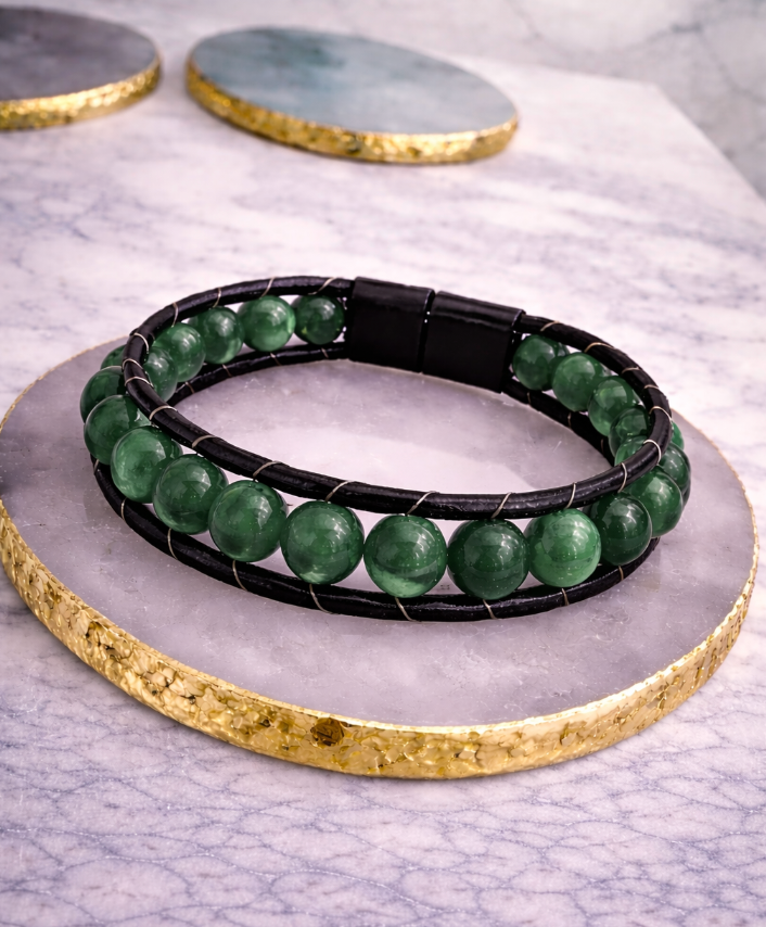 Genuine Leather Magnetic Bracelet - With Natural Stone