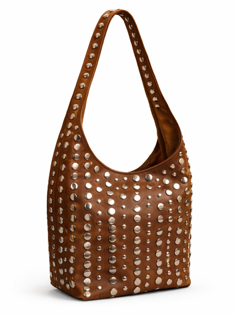 Studded Luxe Hobo Bag – Genuine Leather