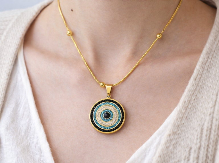 Gold Evil Eye Pendant Necklace – Stainless Steel Protection Charm
