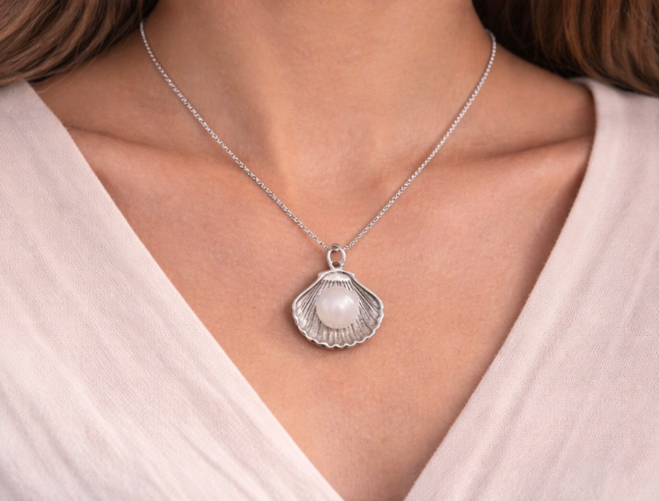 Seashell Pearl Pendant Necklace – Sterling Silver 925