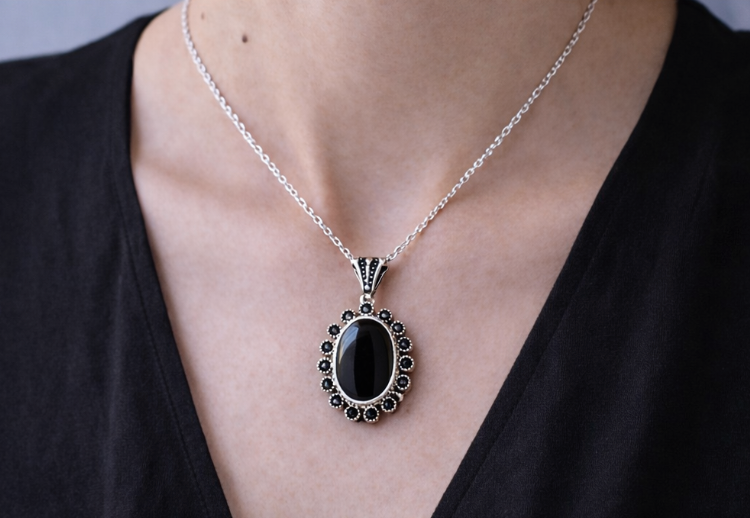 Black Onyx Statement Necklace – 925 Sterling Silver