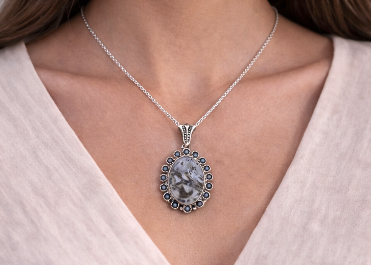 Ornate Blue Agate Pendant Necklace – Sterling Silver 925