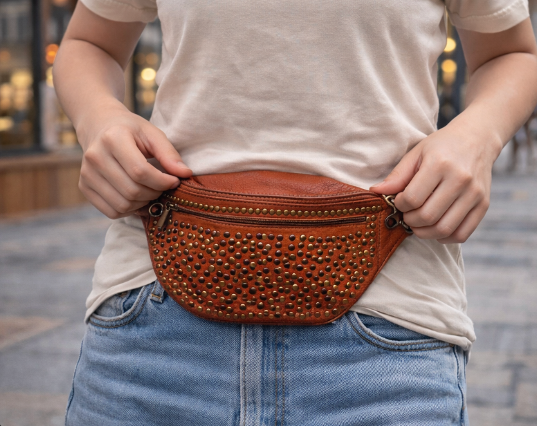 Genuine Leather Studded Waist Bag
