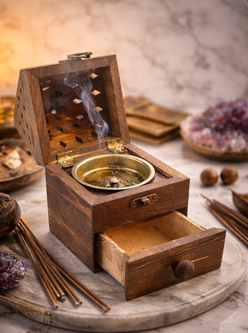 Wooden Incense Burner Box with Smoke Vent