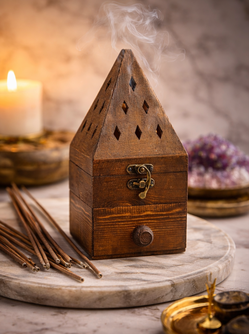 Wooden Incense Burner Box with Smoke Vent