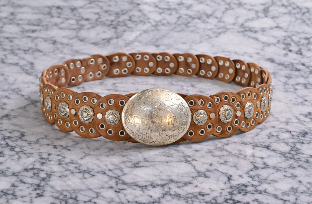 Genuine Leather Concho Link Belt with Round Statement Buckle