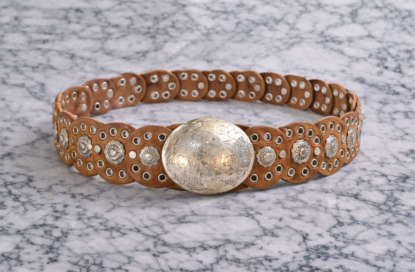 Genuine Leather Concho Link Belt with Round Statement Buckle