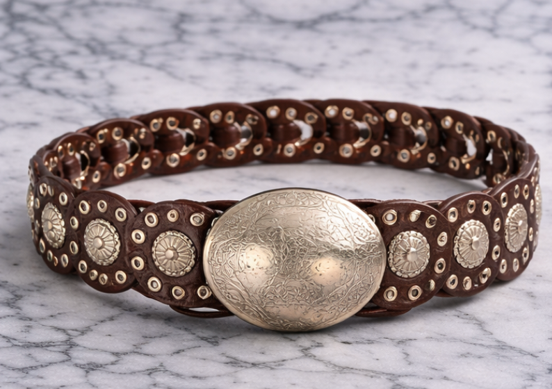 Genuine Leather Concho Link Belt with Round Statement Buckle