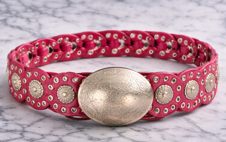 Genuine Leather Concho Link Belt with Round Statement Buckle