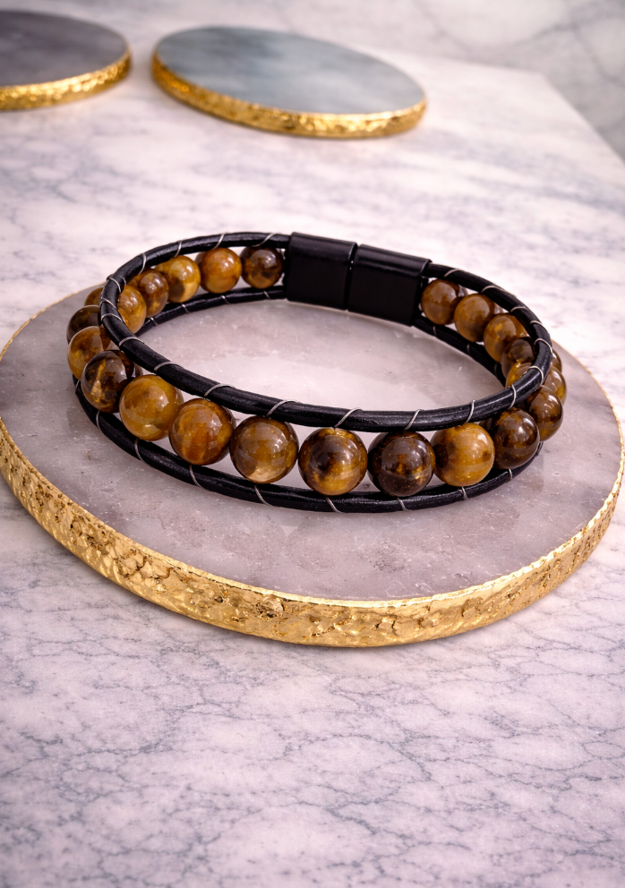 Genuine Leather Magnetic Bracelet - With Natural Stone