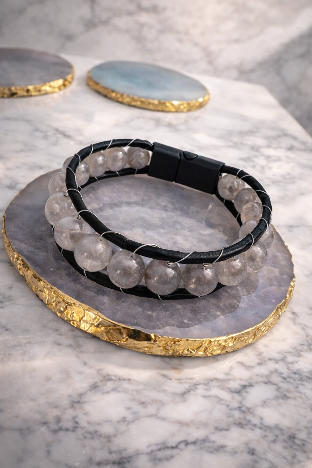 Genuine Leather Magnetic Bracelet - With Natural Stone
